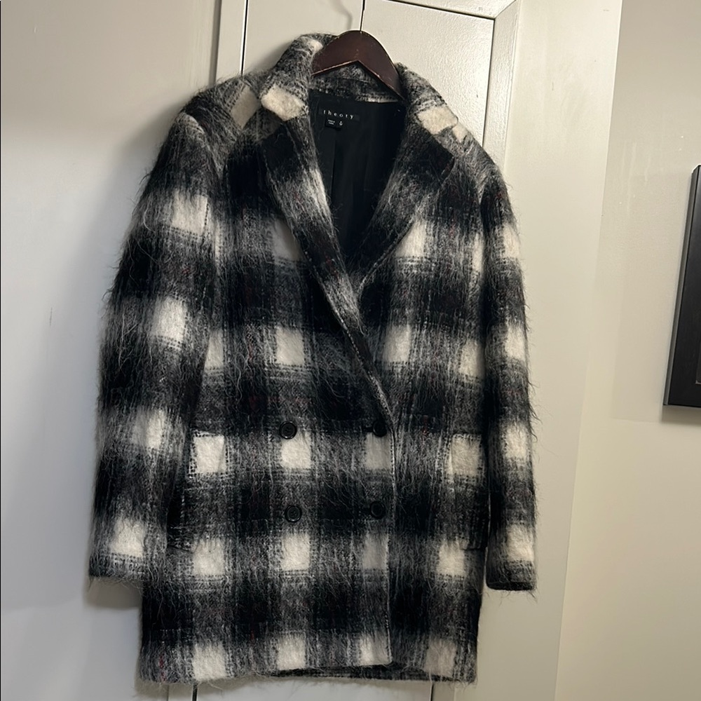 Theory Black and White Plaid Double-Breasted Coat